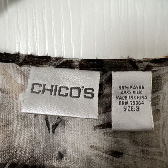 Chico's Velvet Burnout Sheer Silk Blouse Size 3 US XL Brown Long Sleeve Side Tie - Picture 3 of 9